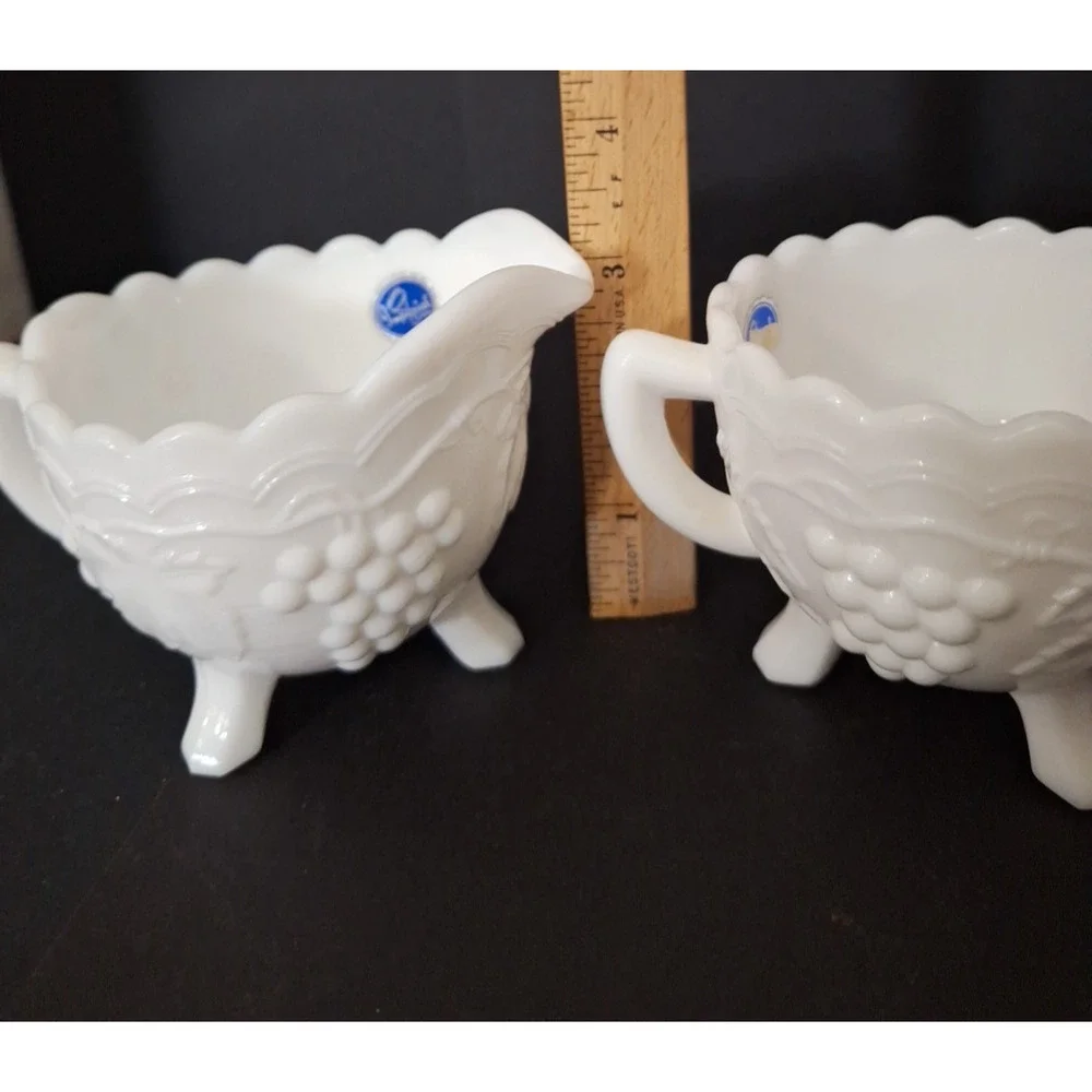 Vintage Imperial Milk Glass Grape & Leaf 3 Toed Open Sugar and Creamer